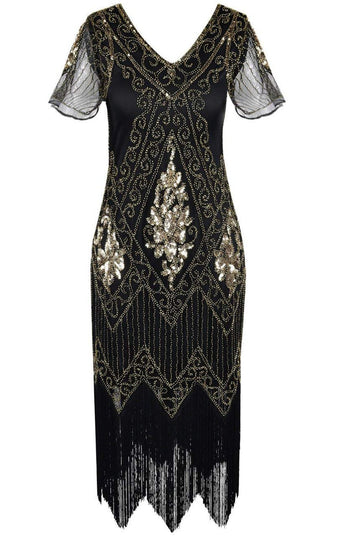 V Neck Black 1920s Plus Size Flapper Dress